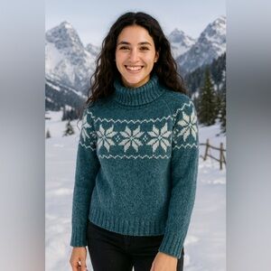 Teal Snowflake Turtleneck Sweater
